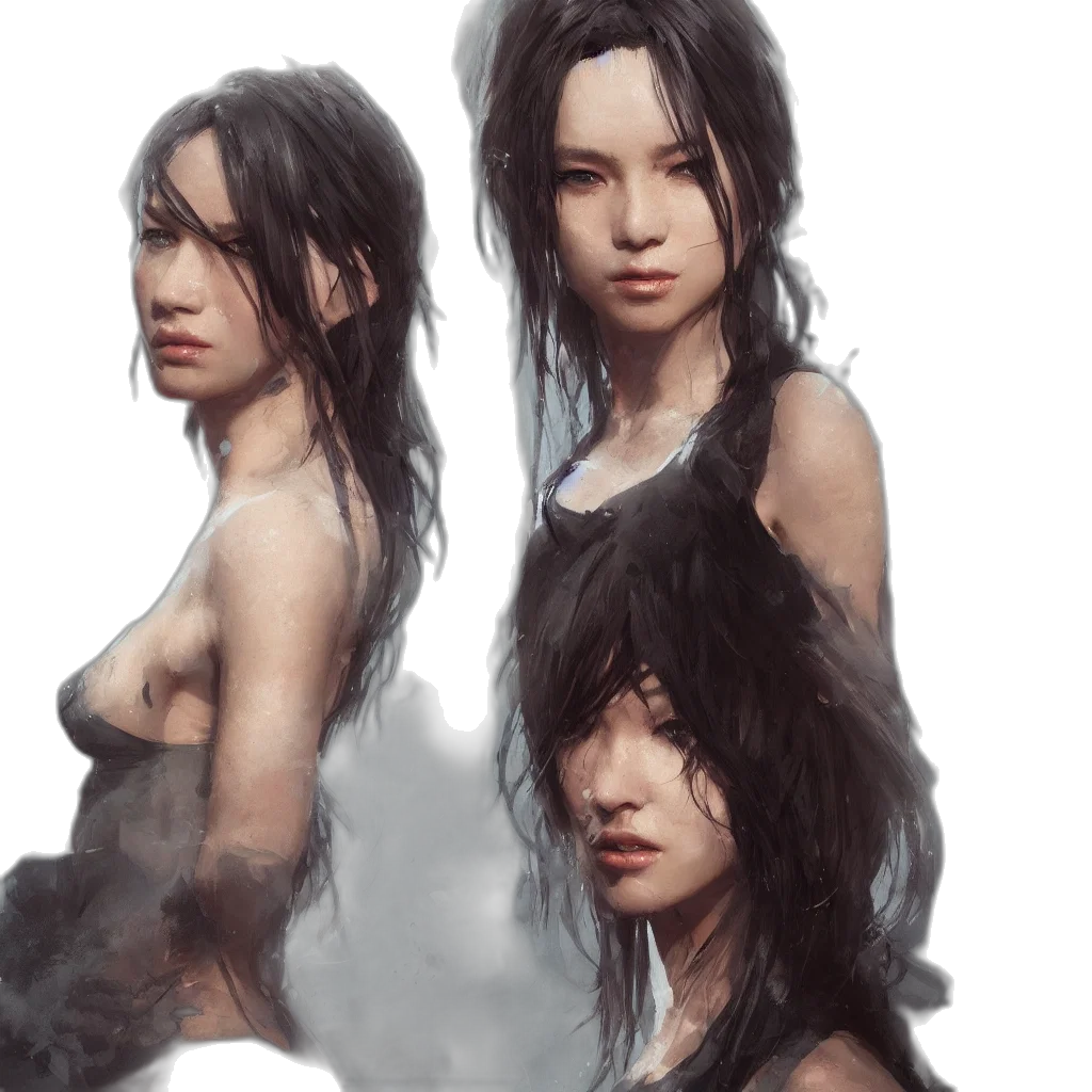 hair, face, concept art, photorealistic, fantasy art, oil painting, dark, monochrome transparent PNG cut-out