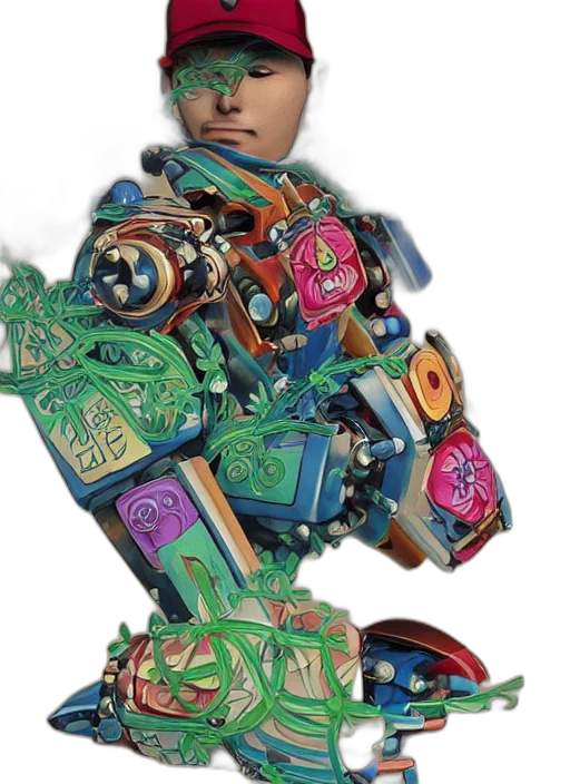 robot, weapon, face, jewelry, cyberpunk, concept art, 3d render, vaporwave transparent PNG cut-out