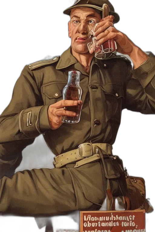 bottle, jacket, weapon, face, photorealistic, concept art, detailed, highly transparent PNG cut-out