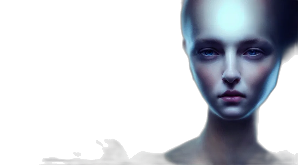 robot, face, photorealistic, concept art, 3d render, cyberpunk, outer space, blue transparent PNG cut-out
