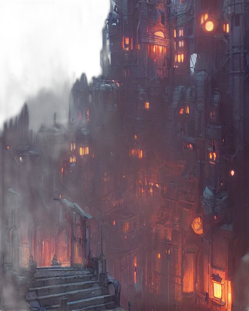 building, concept art, fantasy art, cyberpunk, comic book art, fire, fog, city street transparent PNG cut-out
