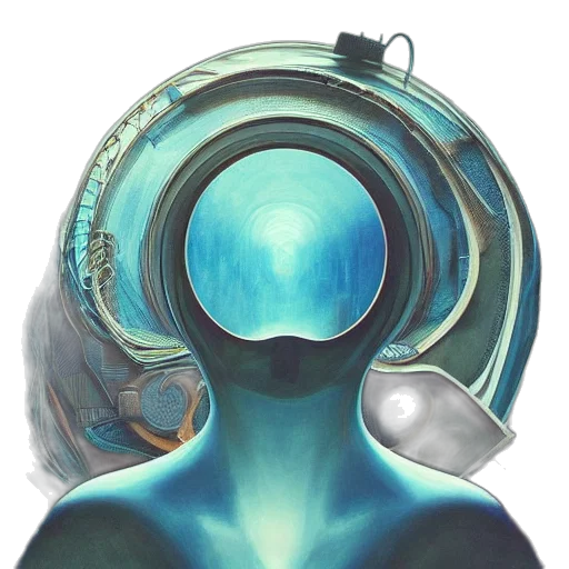 mask, robot, face, hair, concept art, vaporwave, cyberpunk, 3d render transparent PNG cut-out