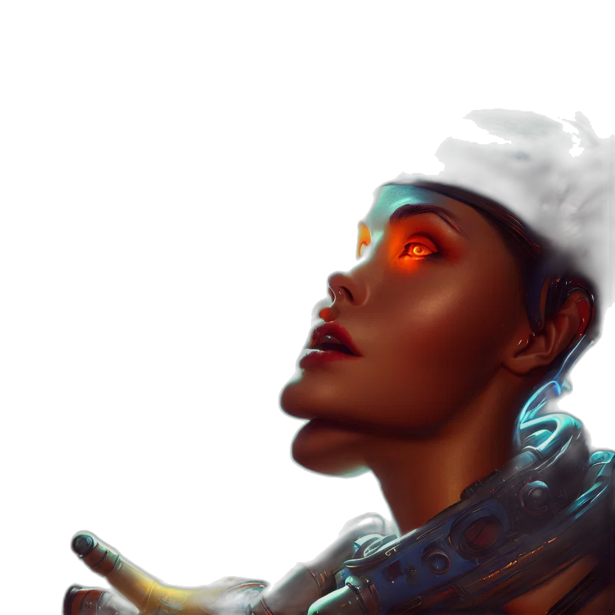 face, crown, hat, robot, concept art, fantasy art, cyberpunk, photorealistic transparent PNG cut-out