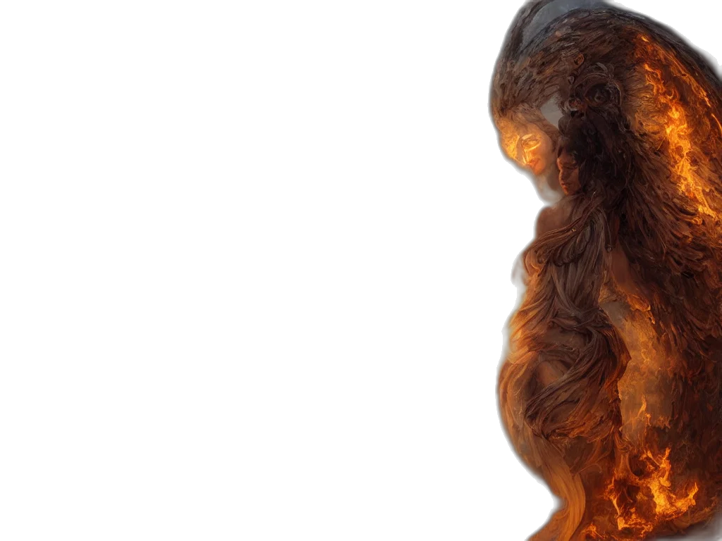 hair, mask, creature, crown, 3d render, photorealistic, concept art, fire transparent PNG cut-out