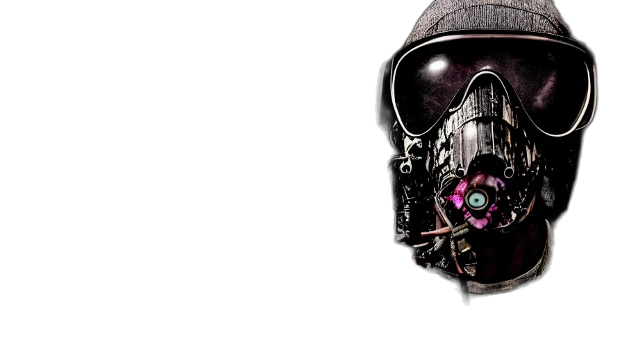 mask, robot, face, weapon, cyberpunk, concept art, comic book art, 3d render transparent PNG cut-out