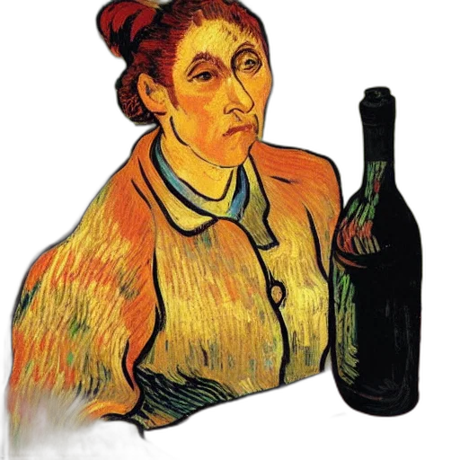 bottle, jacket, face, staff, oil painting, fire, woman, serving transparent PNG cut-out