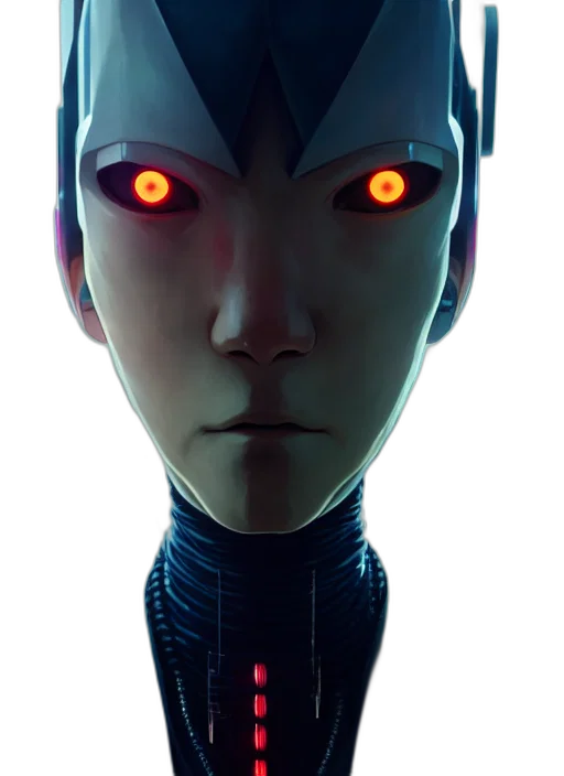 robot, mask, face, staff, concept art, 3d render, cyberpunk, comic book art transparent PNG cut-out