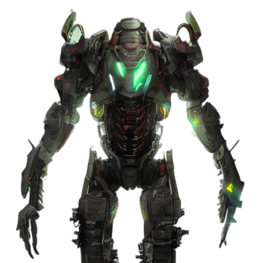 robot, weapon, concept art, cyberpunk, 3d render, fantasy art, green, frontal transparent PNG cut-out