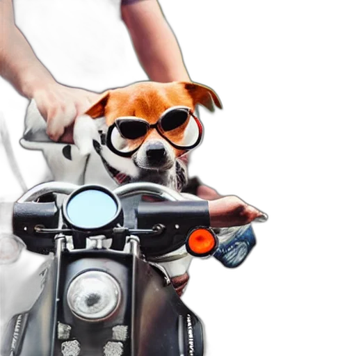 animal, photorealistic, 3d render, concept art, dog, riding, motorcycle, glasses transparent PNG cut-out