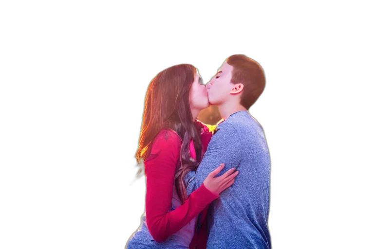 photorealistic, 3d render, neon lights, fire, outer space, girl, kiss, man transparent PNG cut-out