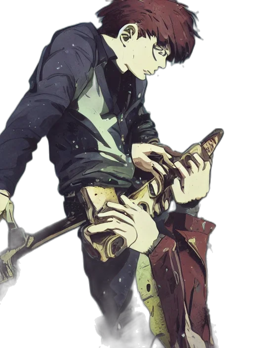 staff, mask, weapon, jacket, concept art, comic book art, fantasy art, watercolor transparent PNG cut-out