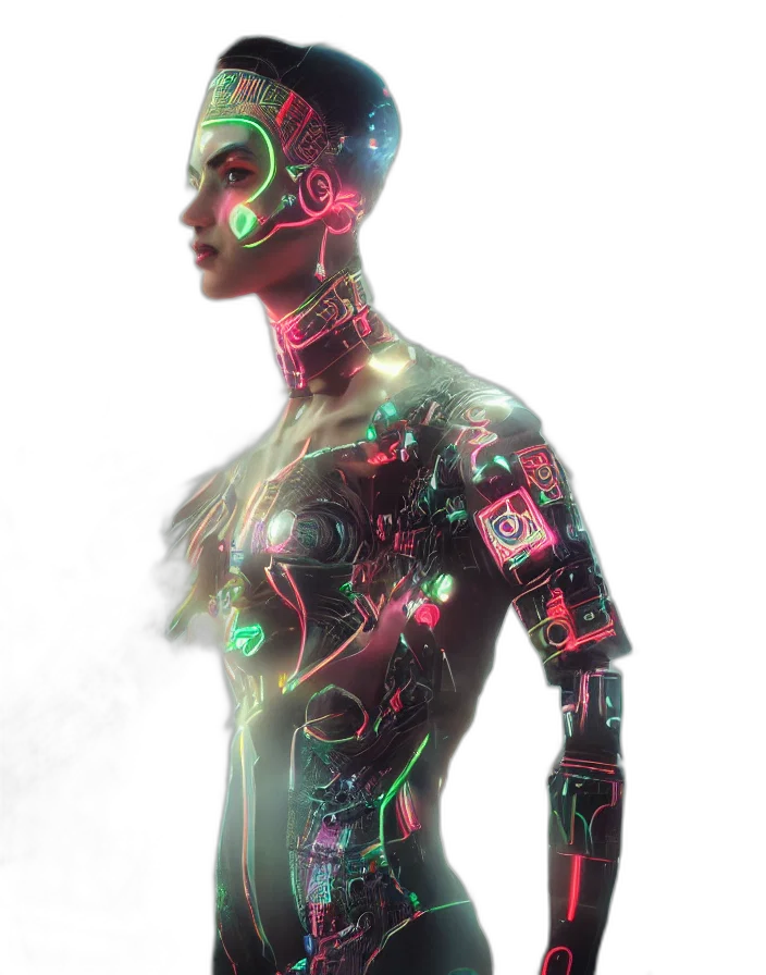 robot, dress, cyberpunk, concept art, 3d render, comic book art, neon lights, outer space transparent PNG cut-out