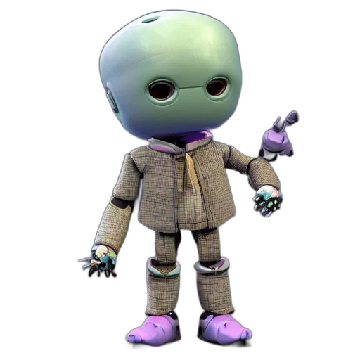robot, staff, creature, jacket, 3d render, concept art, kid, purple transparent PNG cut-out
