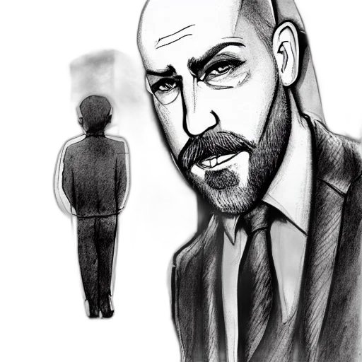 jacket, face, comic book art, cartoon, concept art, pencil sketch, bald, bearded transparent PNG cut-out