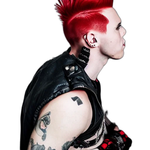 hair, jacket, jewelry, staff, cyberpunk, photorealistic, red, young transparent PNG cut-out