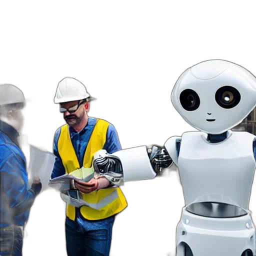 robot, 3d render, man, dressed, construction, clothes, next, him transparent PNG cut-out