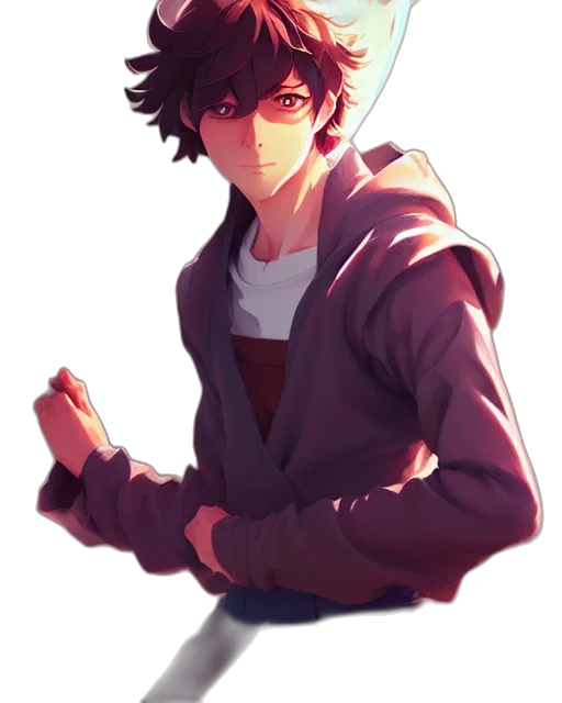 jacket, staff, face, weapon, anime, pixel art, cartoon, concept art transparent PNG cut-out