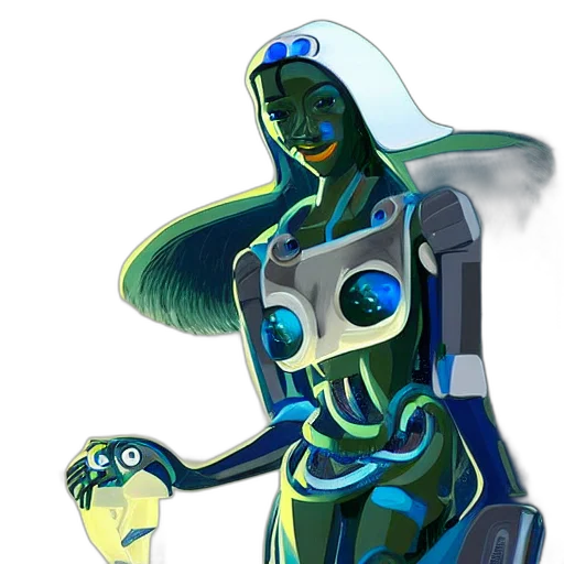 robot, creature, staff, mask, concept art, fantasy art, 3d render, pixel art transparent PNG cut-out