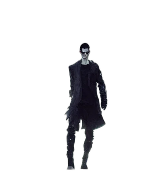 jacket, staff, creature, mask, concept art, cyberpunk, pixel art, 3d render transparent PNG cut-out