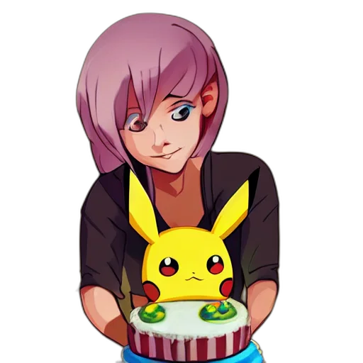 pixel art, anime, cartoon, concept art, pikachu, holding, cake, digital transparent PNG cut-out