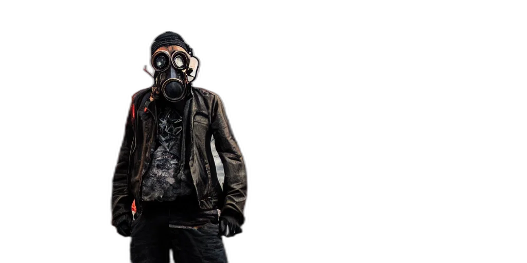 mask, jacket, cyberpunk, concept art, post, apocalyptic, city, streets transparent PNG cut-out