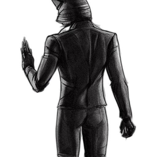 mask, jacket, staff, robot, concept art, comic book art, pencil sketch, cartoon transparent PNG cut-out