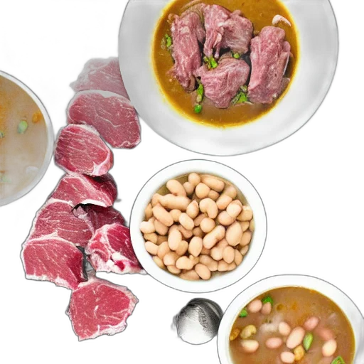 food, photorealistic, raw, meat, chunks, white, gravy, beans transparent PNG cut-out