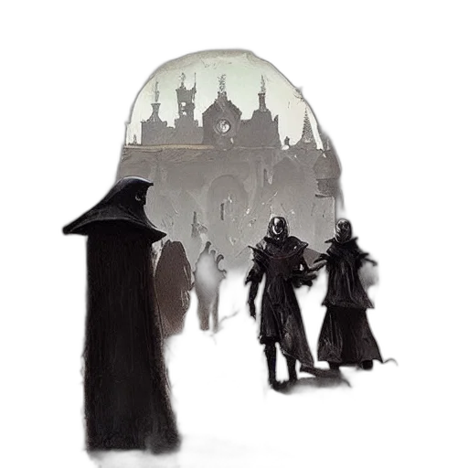 mask, hat, concept art, fantasy art, comic book art, pixel art, fog, city street transparent PNG cut-out