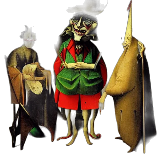 mask, staff, concept art, fantasy art, fog, fire, forest, joker transparent PNG cut-out
