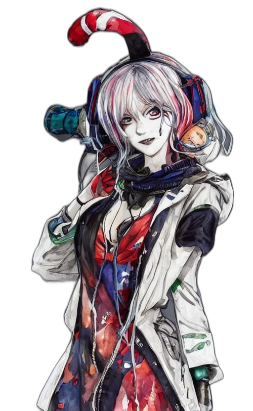 jacket, staff, robot, weapon, concept art, cyberpunk, anime, watercolor transparent PNG cut-out