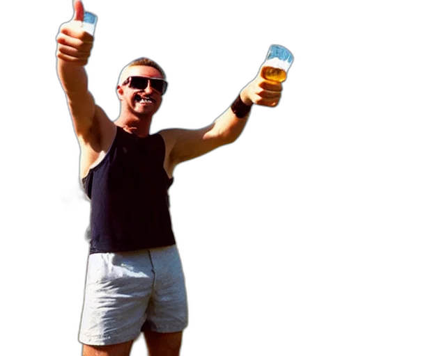 bottle, staff, man, wearing, tank, top, sunglasses, drinking transparent PNG cut-out