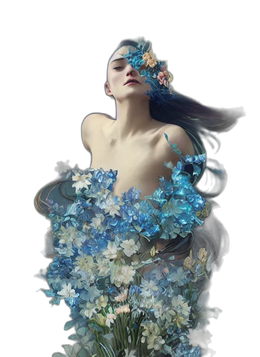 dress, jewelry, flower, crown, fantasy art, photorealistic, concept art, 3d render transparent PNG cut-out
