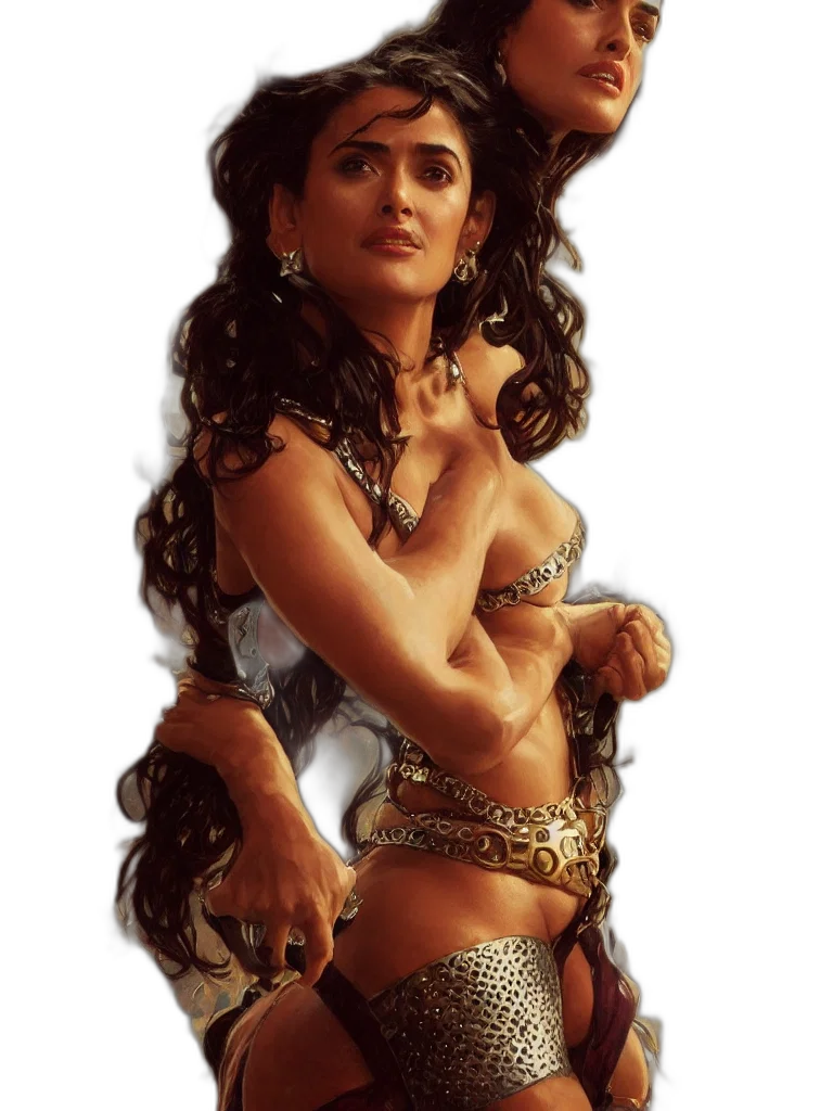 fantasy art, concept art, comic book art, photorealistic, portrait, salma, hayek, wearing transparent PNG cut-out