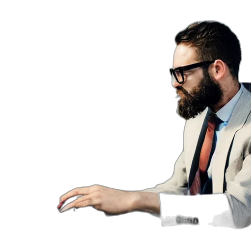 staff, jacket, photorealistic, man, wearing, suit, working, laptop transparent PNG cut-out