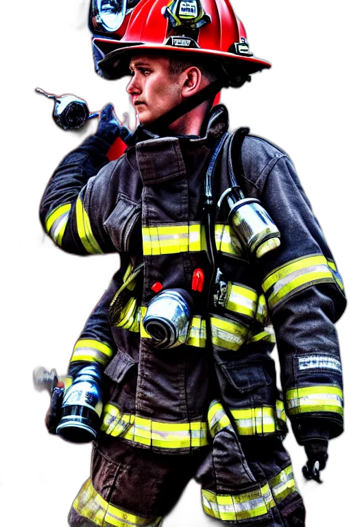 staff, jacket, weapon, photorealistic, comic book art, concept art, fire, firefighter transparent PNG cut-out