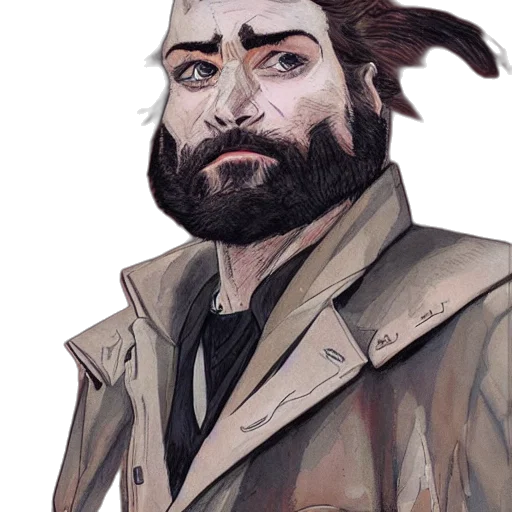 jacket, face, staff, creature, concept art, watercolor, fantasy art, comic book art transparent PNG cut-out