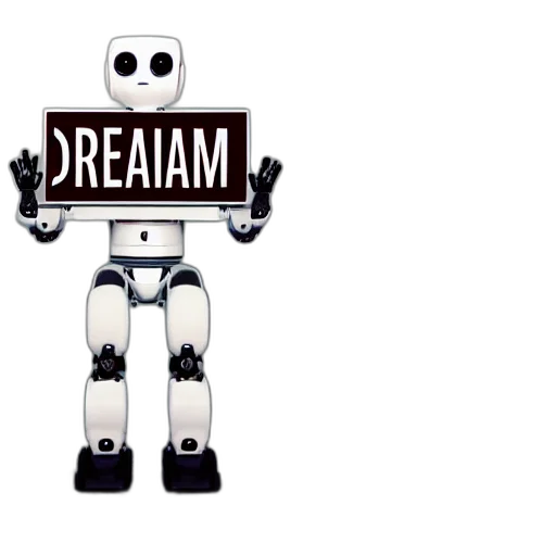 robot, 3d render, artificial, intelligence, holding, sign, text, reads transparent PNG cut-out