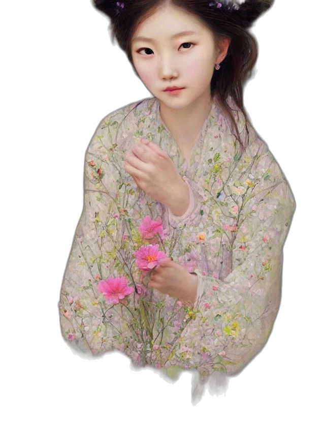 face, jewelry, flower, dress, photorealistic, oil painting, 3d render, fantasy art transparent PNG cut-out