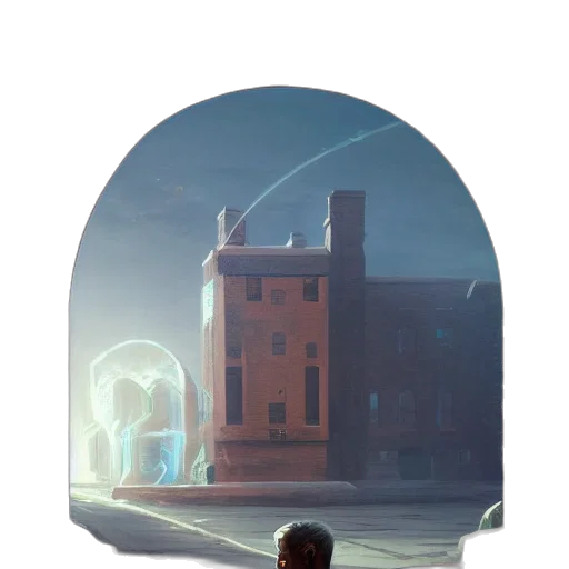 robot, crown, face, building, concept art, fantasy art, 3d render, comic book art transparent PNG cut-out