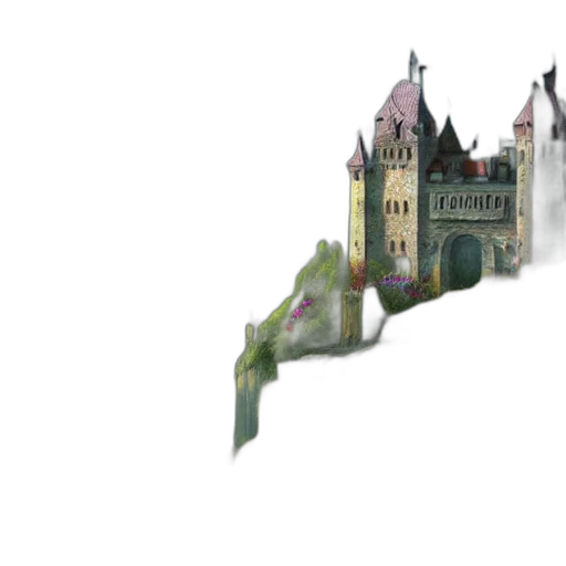 building, concept art, 3d render, fantasy art, watercolor, fog, city street, forest transparent PNG cut-out