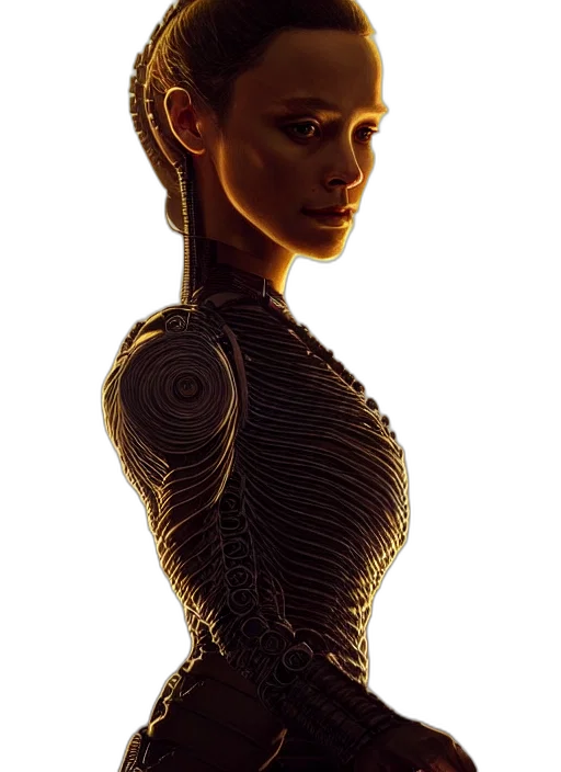 robot, dress, face, jewelry, cyberpunk, concept art, 3d render, comic book art transparent PNG cut-out