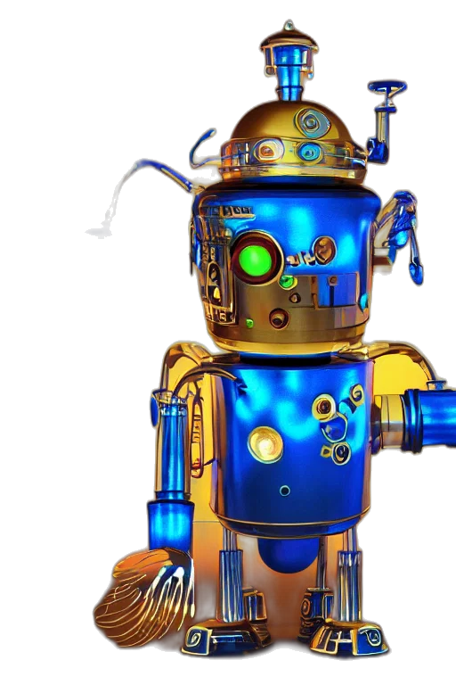 robot, 3d render, concept art, portrait, photo, giant, golden, blue transparent PNG cut-out