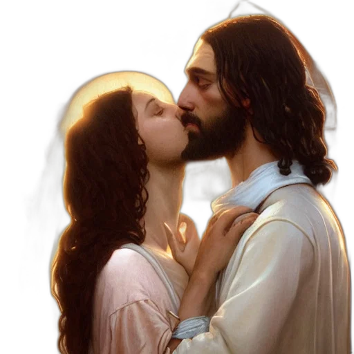 photorealistic, jesus, kissing, maria, maddalena, elegant, highly, detailed transparent PNG cut-out