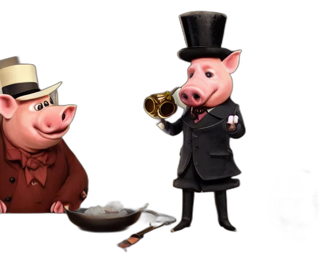 concept art, 3d render, pig, top, hat, pipe, character, portrait transparent PNG cut-out