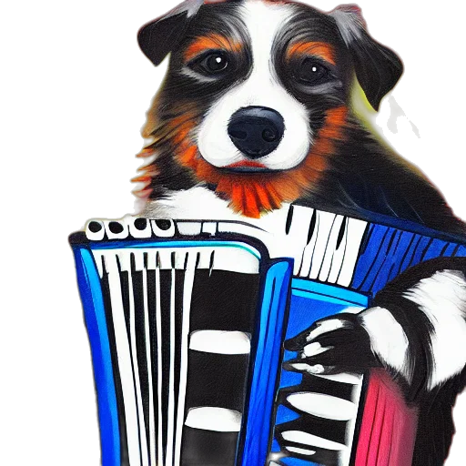 animal, oil painting, watercolor, photorealistic, cartoon, dog, plays, accordion transparent PNG cut-out