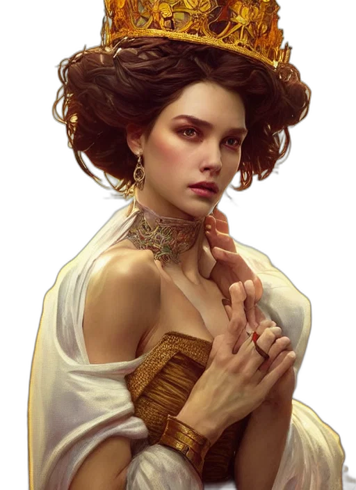 jewelry, dress, face, crown, fantasy art, photorealistic, concept art, oil painting transparent PNG cut-out