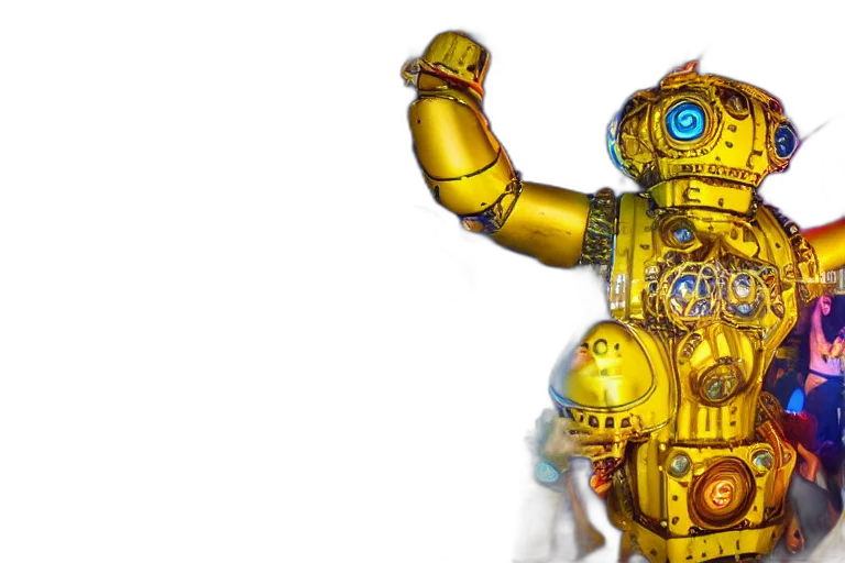 robot, concept art, 3d render, golden, scene, elrow, party, amnesia transparent PNG cut-out