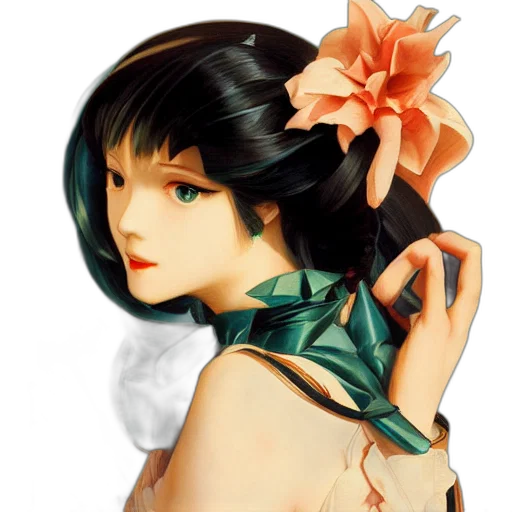 dress, flower, face, photorealistic, anime, fantasy art, oil painting, green transparent PNG cut-out