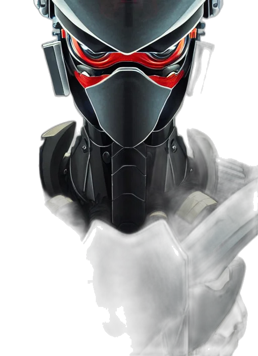 mask, robot, face, weapon, 3d render, concept art, comic book art, anime transparent PNG cut-out