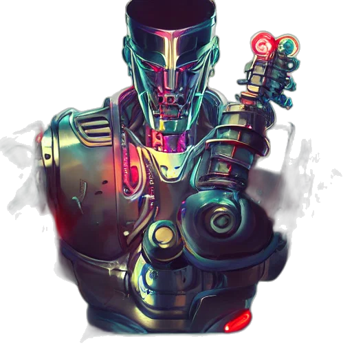 robot, weapon, concept art, cyberpunk, comic book art, pixel art, outer space, red transparent PNG cut-out